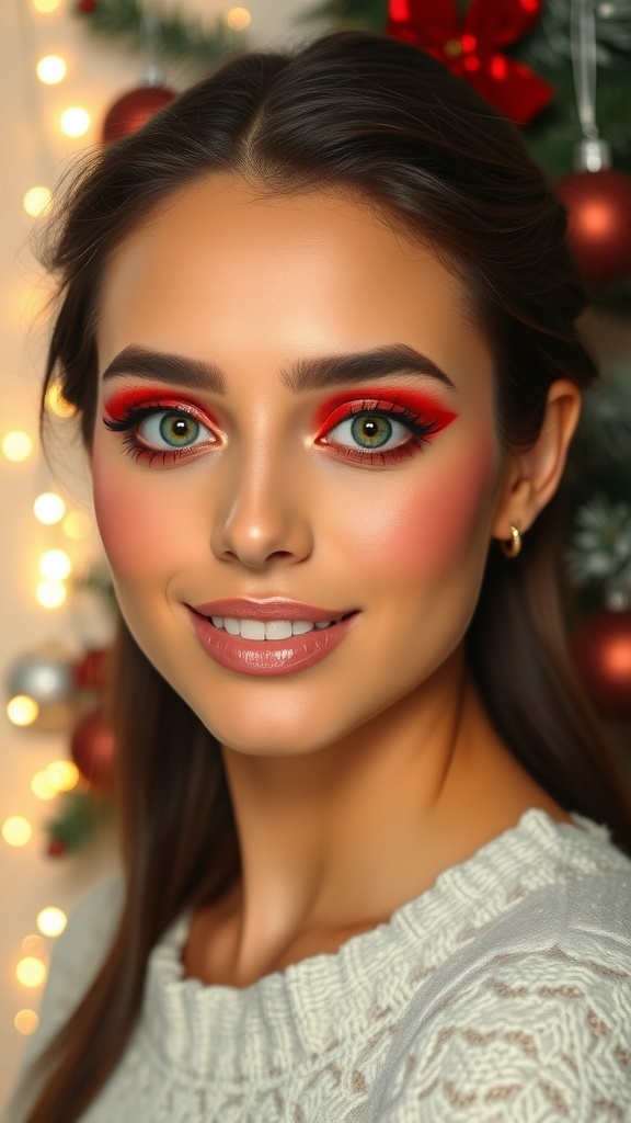 A model showcasing a Christmas makeup look with red eyeshadow, soft blush, and nude lipstick, surrounded by festive decorations.